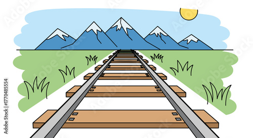 Journey into endless possibility, train tracks lead to majestic snow-capped mountains under a bright, sunny sky