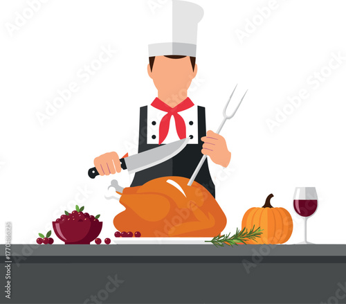 Chef carving roasted turkey with knife and fork