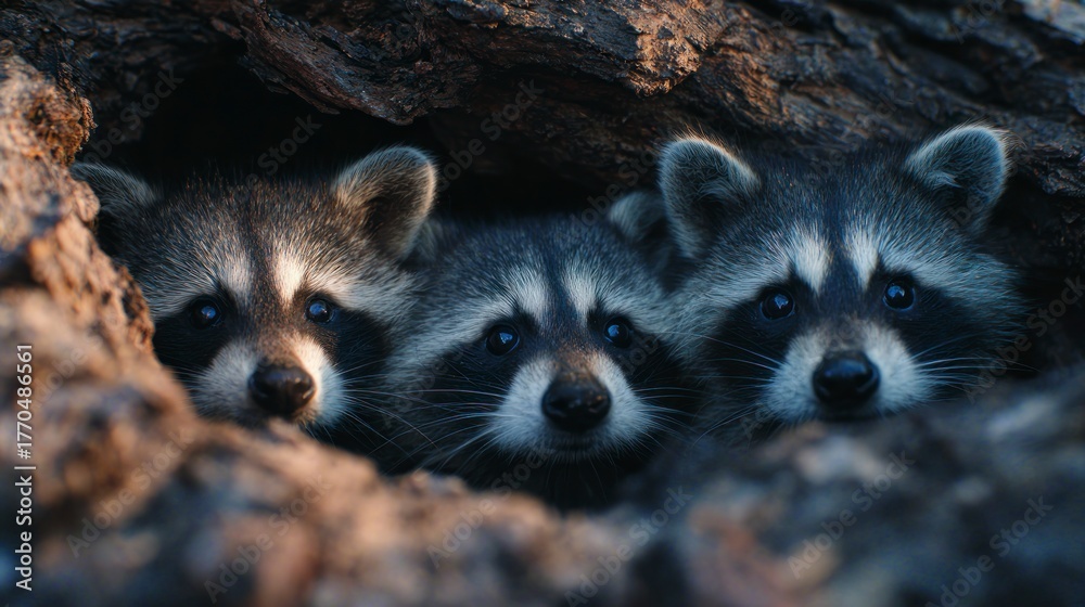 Obraz premium Three baby raccoons in tree hollow