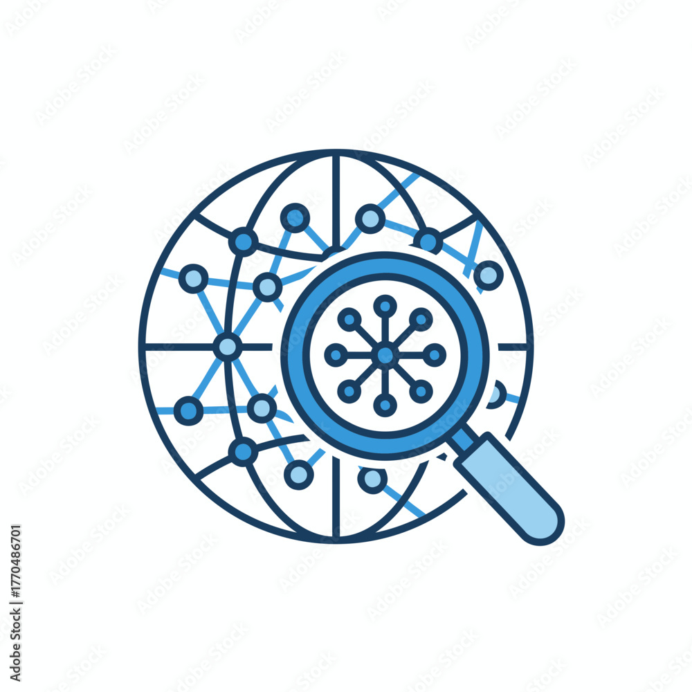 Obraz premium Modern minimalist vector of globe connected with nodes and magnifying glass analyzing data network. Represents global data science, digital transformation, and analytics.