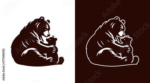 Grizzly bear and her cub, vector logo, dark and white background