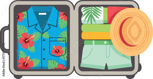 Suitcase packed for a tropical vacation