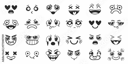Collection of hand drawn cartoon faces expressing various emotions and feelings