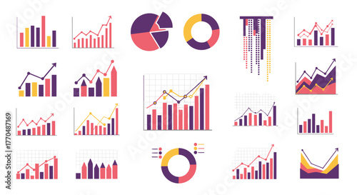Dynamic data visualizations including bar charts, line graphs, and pie charts show business growth and trends