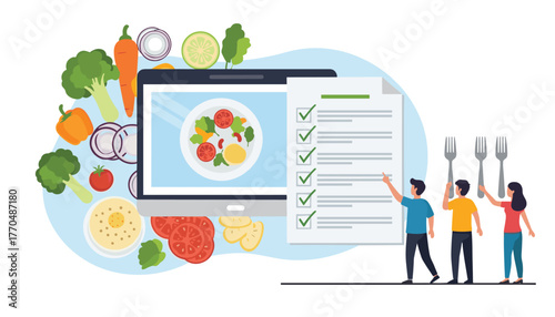 Planning delicious healthy meals together as a team using digital tools for better nutrition and culinary success