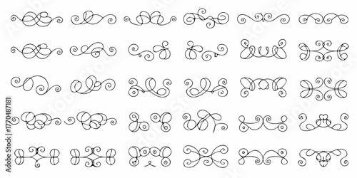 Collection of elegant black hand drawn flourish ornaments and decorative borders on a white background