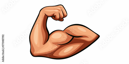 Cartoon illustration of a flexing bicep muscle with a clenched fist and white background