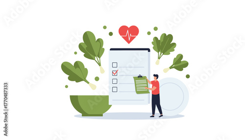 Healthy lifestyle planning with balanced nutrition checklist and vital signs heart symbol