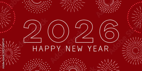Happy new year 2026 with festive fireworks display on red background