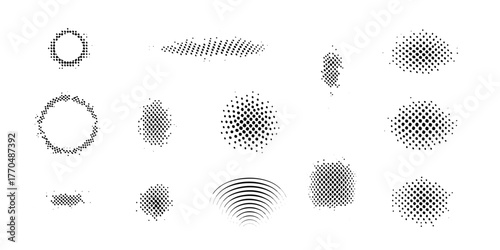 Collection of black halftone dots and lines abstract graphic elements on white background