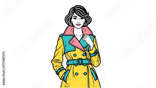 High-Quality Black Outline Colorful Fashion Illustration of Girl Wearing Classic Trench Coat, Stylish Posture, Detailed Collar, Belt, and Buttons on White Background