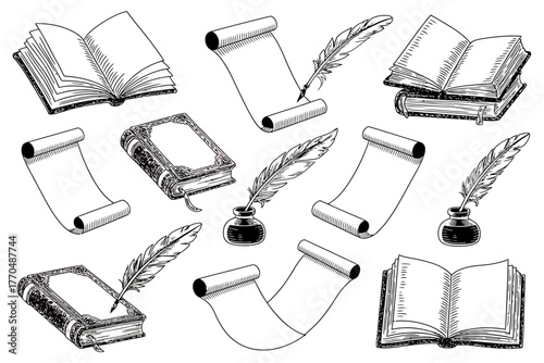 Vintage Books Scrolls and Feather Pens Illustration Pattern Education and Knowledge Concept Detailed Engraving Style Classic Literature Design