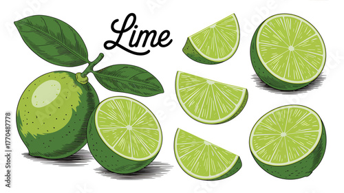 Fresh and Vibrant Lime Illustration with Slices and Whole Fruit on a White Background Design