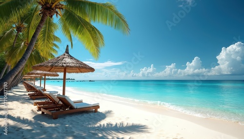 Tropical beach with white sand, turquoise water, palm trees. Beach chairs under straw umbrellas face clear sky, ocean. Relaxation zone at sea resort. Holiday vacation destination at paradise island.