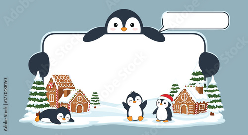 Cute penguins celebrate winter holidays surrounded by snowy gingerbread houses and festive trees with space for custom text