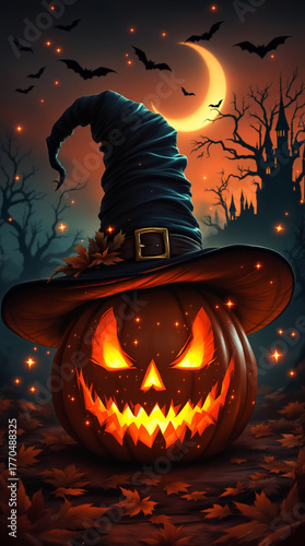 Autumn halloween night a pumpkin with a hat