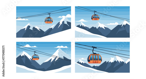 Dynamic orange cable car ascends majestic snow-capped mountains under clear blue sky, offering breathtaking scenic travel views