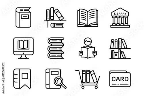 Collection of Library and Reading Icons for Education and Knowledge Design Elements in Simple Line Style