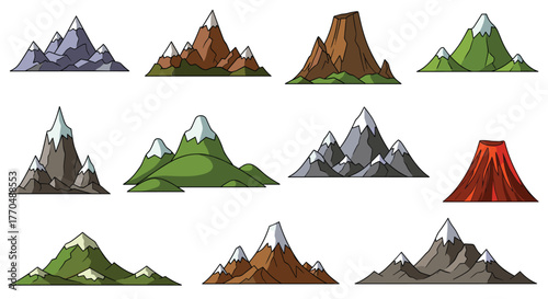 Dynamic collection of stylized mountain landscapes and a vibrant volcano, perfect for game design, illustrations, and educational materials