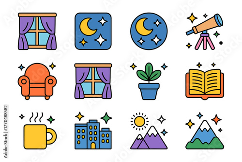Collection of Adorable Cozy Home and Nature Icons Including Furniture Astronomy and Landscapes Perfect for Decoration and Design