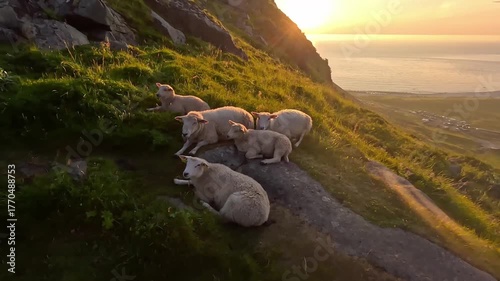 4K cinematic video showing sheep lying on a grassy slope during sunset in the Norwegian mountains.