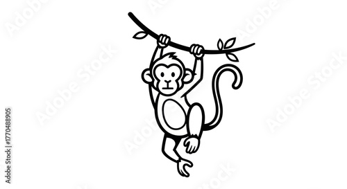Monkey Hanging from Vine - Playful Primate in Black and White.