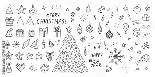 Collection of hand drawn doodle elements for christmas and new year celebrations including trees gifts hats and ornaments