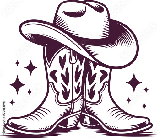 Cowboy boots with hat, vector illustration. Country style design, cowgirl, western, southern