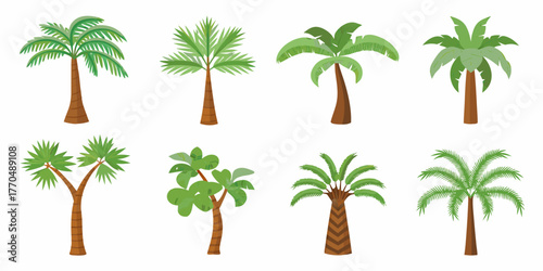 Collection of eight diverse cartoon palm trees with green leaves and brown trunks on a white background