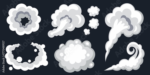 Collection of stylized cartoon smoke and steam effects for animation and design
