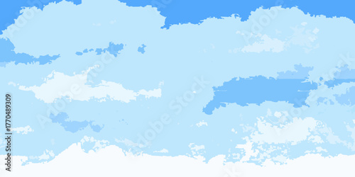 Abstract blue sky with stylized fluffy white clouds in a painterly style