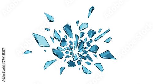 Dynamic explosion of shattered blue glass shards scattering outwards, symbolizing breakthrough and impact