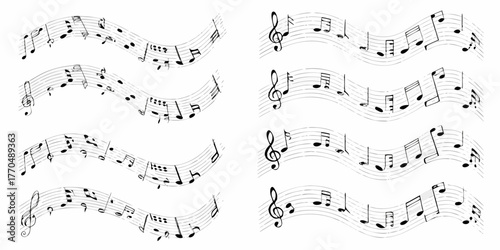 Abstract flowing musical notes on a white background with a subtle wavy staff design