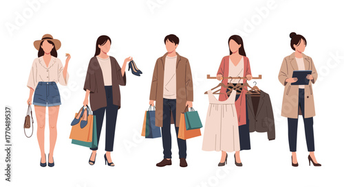 Fashionable diverse group enjoys shopping spree, carrying bags and selecting stylish outfits, capturing modern consumerism and retail joy
