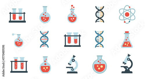 Dynamic collection of scientific icons featuring DNA, atom, test tubes, and microscopes for innovative research and discovery visuals