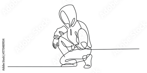 Minimalist continuous line drawing of a person in a hoodie crouching down holding a string vector