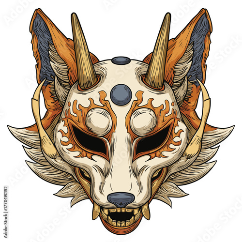 japanese fox face mask isolated vector illustration on white background