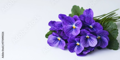 A vibrant bouquet of purple violets with lush green leaves against a clean white background.