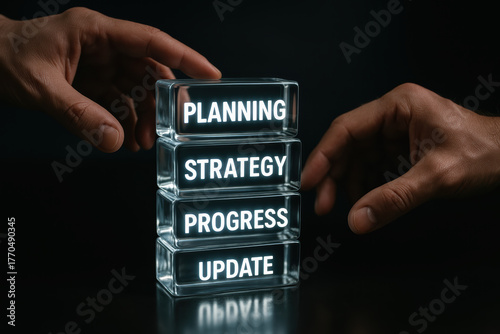 Planning and strategy inspire progress and update with glowing reflections on glass blocks arranged by hands