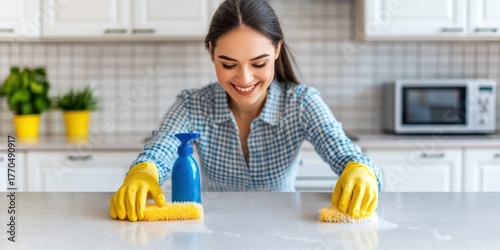 A smiling woman in yellow gloves cleans a kitchen countertop with a sponge and spray bottle, showcasing a bright and tidy home environment.