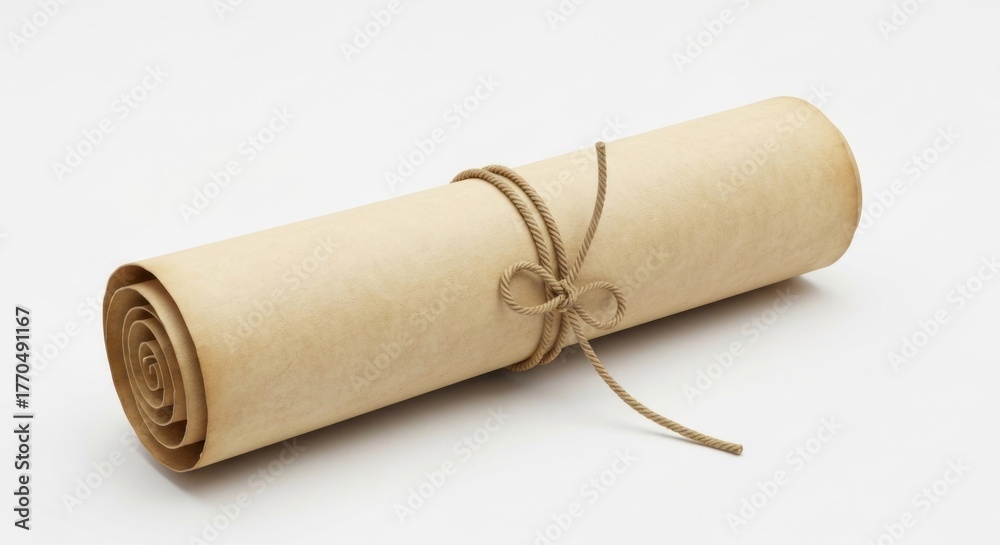 Fototapeta premium Rolled parchment scroll tied with twine, ends curling, isolated