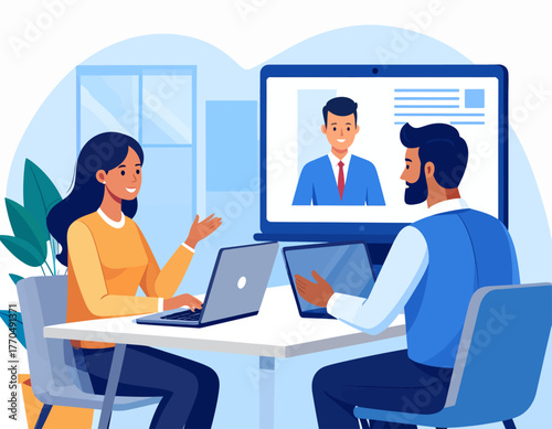 Flat vector of hybrid business meeting. Diverse team collaborates in-person with remote participant via video call, depicting modern virtual communication and teamwork