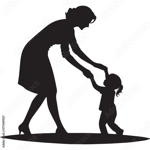 Silhouette of a mother helping her child to walk isolated on white background, showing the bond between parent and child