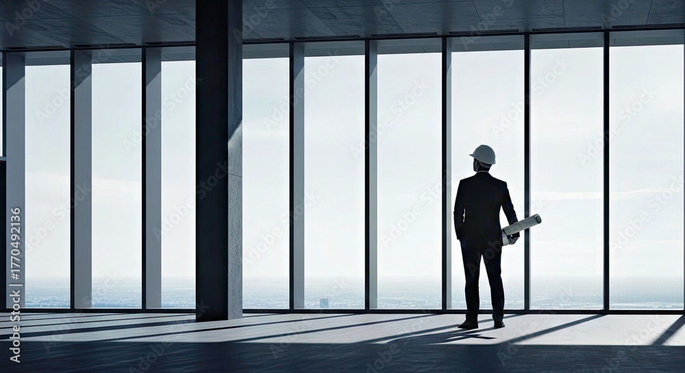 Fototapeta premium Architect Silhouette by Large Window Overlooking City Skyline