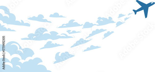 Airplane flying through clouds in blue sky, concept of travel and vacation