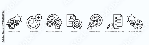 Team Performance Icon Set Isolated Vector With Icon Of Creative Team, Overtime, High Performance, Resume, Participating, Performance Report, Problem Solving In Outline Style