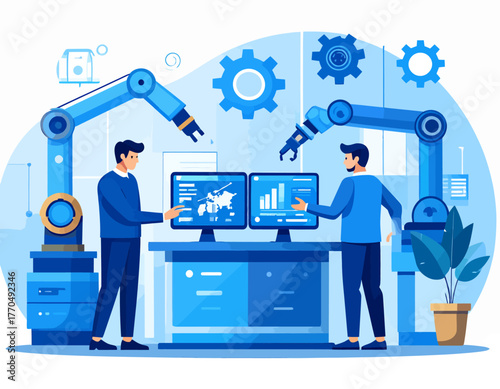 Automated Process Engineers analyzing data and managing robotic arms in a modern industrial setting