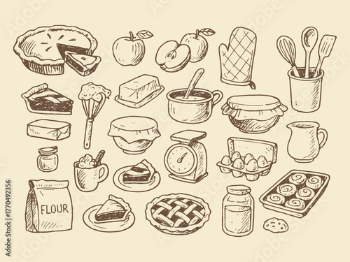 baking utensils and ingredients hand-drawn kitchen sketch vector illustration set
