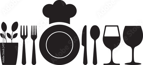 Restaurant Table Setting with Chef Hat Plate Cutlery and Wine Glasses knife