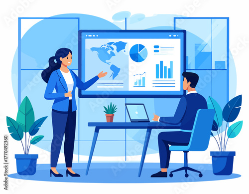 Business meeting with a presentation on a large screen showing world map and charts, with two colleagues discussing the data in an office environment